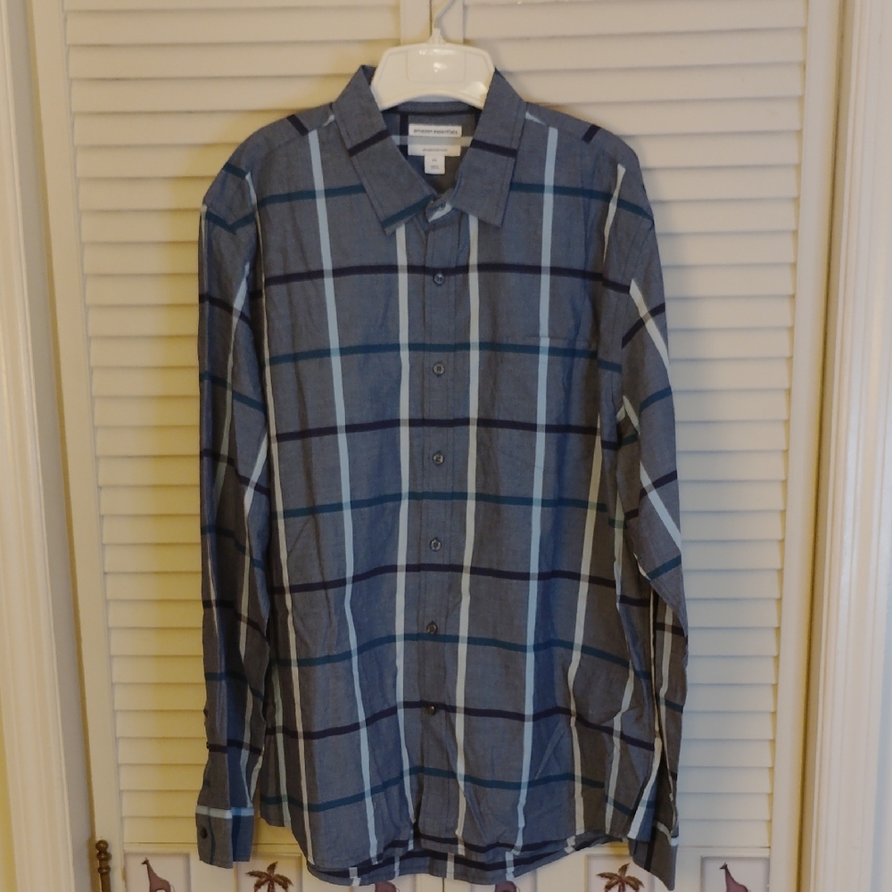 Amazon Essentials Men's Navy and Gray Plaid Shirt